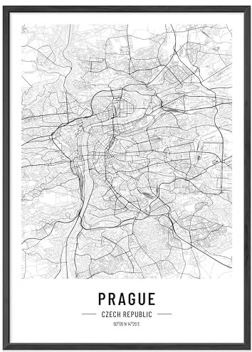 JUNOMI® Prag Poster DIN A3 mit Rahmen Schwarz, DIN A3 Wohnzimmer Deko, Modernes Wandbild, Prag Bild, Wandbild mit Rahmen, Stadtplan Poster Prag, perfekte Geschenkidee für Prager