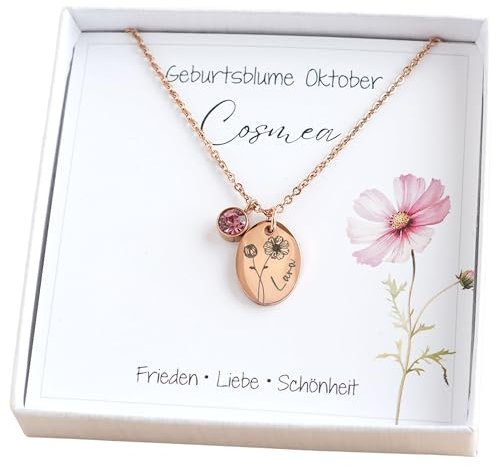 Personalisierte Kette mit Geburtsblume florale Kette Namenskette Gold Silber Roségold mit Gravur Geburtsblumenkette mit Name Birthflower Schmuck Geschenk zur Taufe Geburt Geburtstag Muttertag