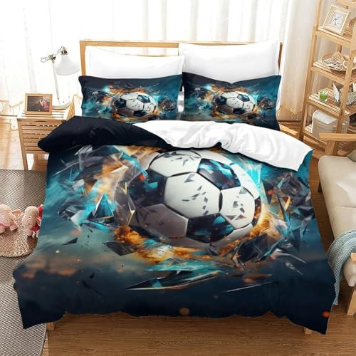 Fußball 3D Bettbezug Bettwäsche Set 135X200 cm Gesamt 4 Größen, Bettwäsche-Set Mit Reißverschluss, Bettbezug + 2 X Kissenbezügen 80X80Cm, Mikrofaser - Komfortabel Anti-Allergisch-8382344329539590000