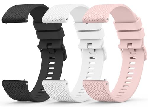 Wanme 3 Pièces 20mm Bracelet de Montre en Silicone, Souple Bracelet de Replacement en Dégagement Rapide avec Boucle en Même Couleur Homme Femme 20mm (Noir/Blanc/Rose, 20mm)