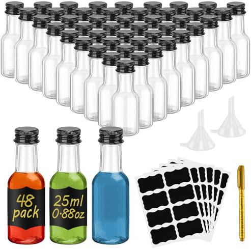 WenYa 48 Pack Mini Liquor Bottles, 25ml Empty Small Plastic Bottle with Lids (Leak Proof Black Screw Caps), Reusable Miniature Alcohol Bottle with Labels Funnel for Weddings Parties