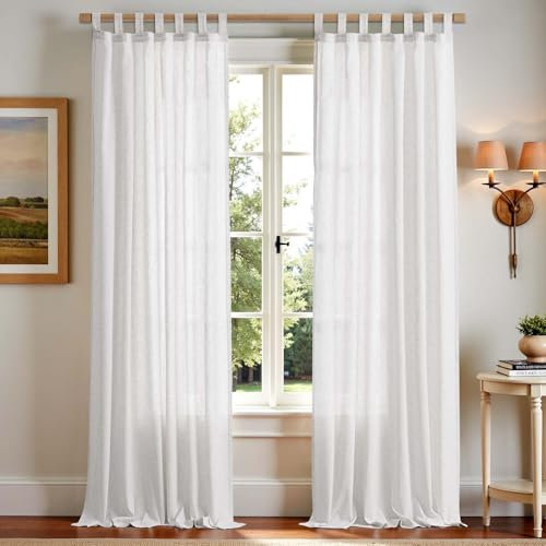 TOPICK Weiß Gardinen mit Schlaufen Leinen Vorhänge für Wohnzimmer Schlafzimmer Stores Fenster Halbtransparent Lichtfilterung Vorhang Bauernhaus Landhausstil Gardine küche 2er Set 140Bx245H (cm)
