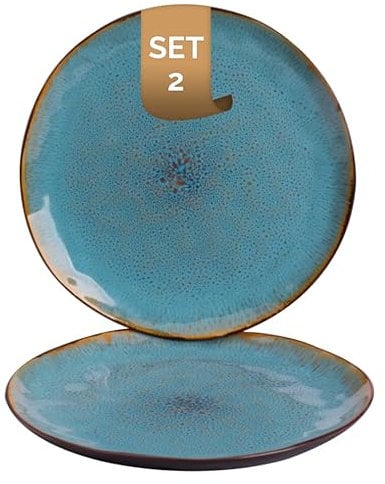 palmer Lotus Teller flach - 2er-Set - Steinzeug - Ø 27,5 cm - Türkis teilglasiert, organische Form - für Pizza, Menü oder als Tortenplatte - stapelbar, spülmaschinenfest