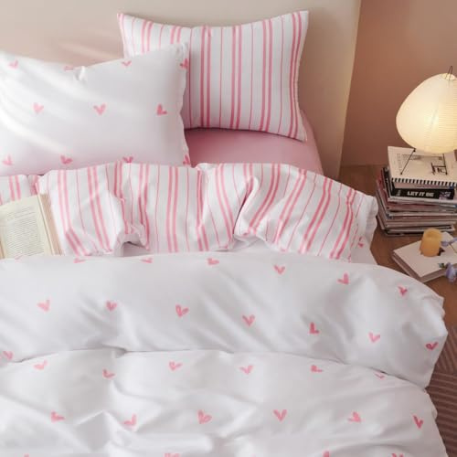 Sedefen Bettwäsche 200x200 Rosa Weiß mit Herzenmuster Bettwäsche aus Microfaser,Aesthetic ÖKO-TEX Bettwäsche Set Herzchen Wende Bettwäsche mit Reißverschluss und 2 Kissenbezug 80x80 cm