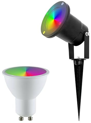EDO Smart LED Gartenstrahler mit Erdspieß HORTUS LED RGB GU10 4,8W RGB +CCT 2700-6500K 400lm kompatibel mit TUYA App Außen Wasserdicht Schwenkbar Gartenlamp IP65 Schwarz Gartenleuchte Kabel 25cm