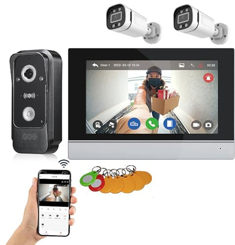 WHOOLEFUN Videocitofono, WiFi IP Videocitofono, Wireless 1080P HD, Videocitofono cablato (1 carillon + 1 schermo+2 fotocamera)