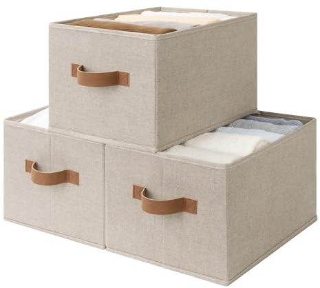 StorageWorks Storage Baskets for Shelves, Brown & Beige, 3-Pack | Foldable Fabric Storage Boxes, Bedroom Storage Baskets, Wardrobe Clothes Organiser, Closet & Nursery Boxes for Toys & Towels