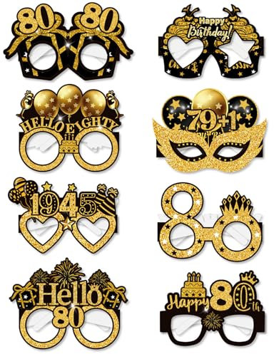80th Birthday Glasses, LMSHOWOWO 8PCS Paper Novelty 80th Birthday Party Glasses, Funny Happy Birthday Photo Booth Props for Men Women Cheers to 80 Years 80th 1945 Birthday Party Decoration Supplies