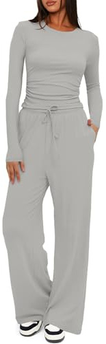 CheChury Trainingsanzug Damen Casual Jogginganzug Sweatshirt und Lange Hose Sport Set Zweiteiler Langarm Hausanzug Rundhalsausschnitt Weites Bein Hose mit Taschen Freizeitanzug Sportanzug Yoga Outfit