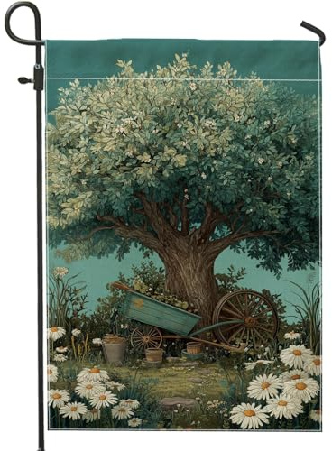 Gartenfahne Vintage Sommer Blume Grün Rustikale Baum Schubkarre Dekorationen Flagge Lustige Langlebig Hof Flaggen, Für Feiertage, Partys, Bauernhaus, 30x45cm
