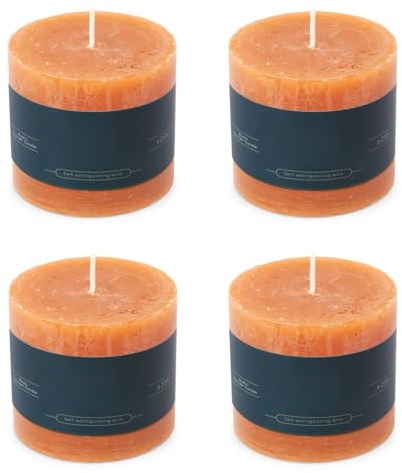 Stumpenkerzen Rustic 4er Set 7x7 cm - Brenndauer: 25 Std., rußfrei, 100% Paraffin - für Kerzenständer, Kerzenhalter, Weihnachten, Hochzeit, Blockkerze, Kerze, Adventskranz, Advent (orange)