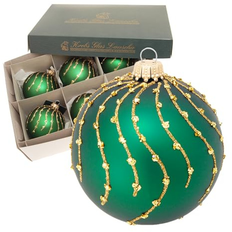 Krebs Glas Lauscha - Weihnachtsdekoration/Christbaumschmuck aus Glas - Glaskugel mit Goldstreifen beflockt - Farbe: Tannengrün matt - Menge: 6 Stück - Größe: ca. 8 cm