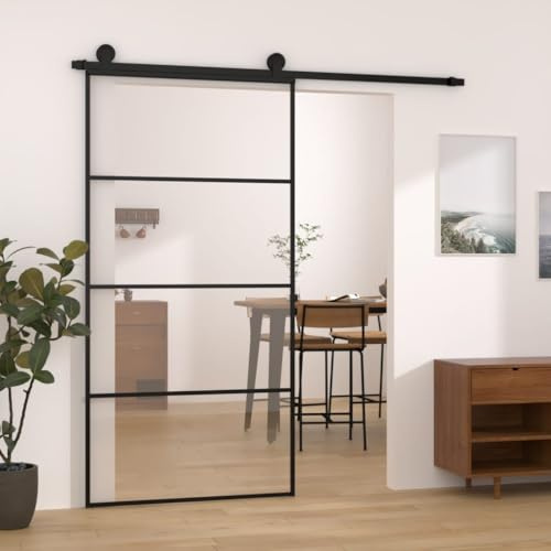 Schiebetür mit Beschlag 102,5x205 cm, ESG-Glas & Aluminium, geräuscharm, platzsparend, für Innenräume, schwarzer Stahl, 80kg Tragkraft