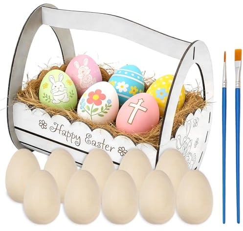 Osterkörbchen Basteln Set - Osterkörbchen Mit 10 Holzeier & 2 Pinsel & Raffia - Diy Osternester Zum Befüllen, Ostern Basteln, Oster Basteln, Bastelset Ostern, Osterdeko Set - Kreative Ostergeschenke