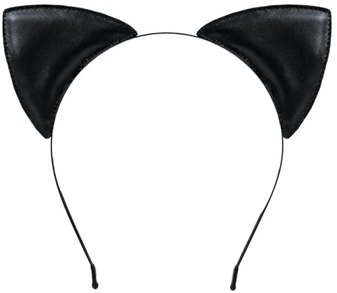 SIOTMERA Katzenohren Haarreif Damen Erwachsene, Schwarzer Cat Ears Haarreif aus Leder, Eleganter Katzenkostüm Damen für Halloween, Karneval Fasching Party Cosplay