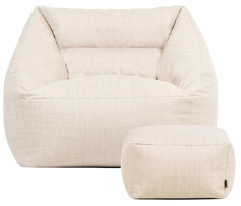 Icon Natalia Outdoor Sitzsack Sessel mit Hocker für Erwachsene, Beige, Stoff für Drinnen und Draußen, Riesen Sitzsack mit Füllung, Bequemer Sessel, Garten, Terrasse, Lounge, Wohnzimmer Möbel