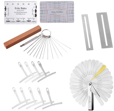 Gitarren Werkzeug Set Messwerkzeug für Die Gitarre Gitarren Tool Set Enthält Kunststofflineal Silbernen Pads Spaltlehre Roten Wetzstein Feile Und 9 T Winkel Geeignet für Bass Banjo Usw