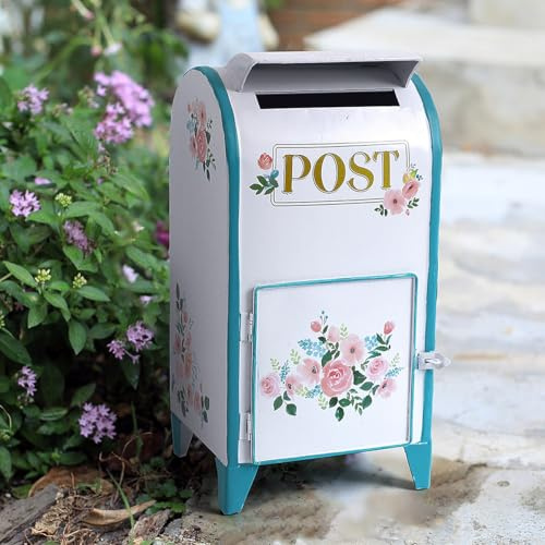 TentHome Letterbox Mail Box Outside Iron Freestanding Mailbox Wedding Garden Decorative Lockable Vertical Outdoor Post Office Letter Box (White (Rose full blooming))