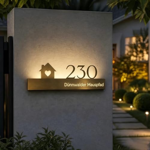 NEONAPM Hausnummer Beleuchtete, LED Beleuchtete Adressschild 20-50CM | Anpassbar Beleuchtete Türnummer, Edelstahl, Wasserdicht, Gold/Schwarz, Wandmontage