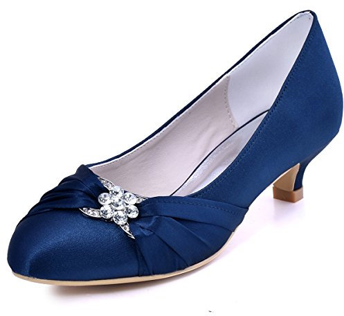 Elegantpark EP2006L Chaussure Mariage Femme Bout Rond Escarpins Femme Petit Talon Satin Plisse Strass Soirée Chaussures Mariée Bleu Marine 38