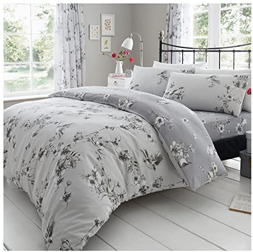 GC GAVENO CAVAILIA Blossom Bedding Set - Flower Comforter Cover - Botanical Bed linen - Grey, Super King Bed Set