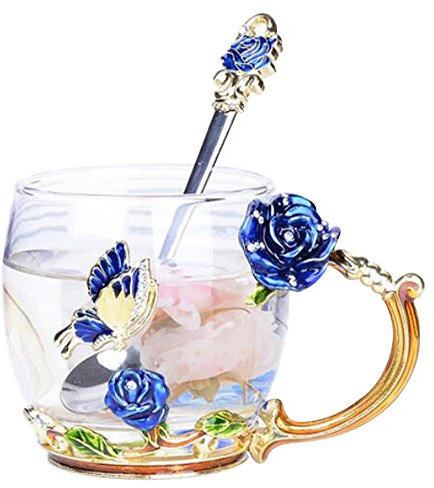 YBK Tech Creative Flower Glass Mug, Crystal Clear Glass Tea Cup- Blue Rose, Short (320ml)