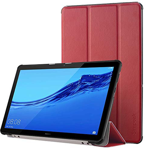Simpeak Coque Compatible pour Huawei MediaPad T5 10.1 Housse de Protection en Cuir PU Étui Magnétique Ultra-Mince avec Fonction Support - Rouge