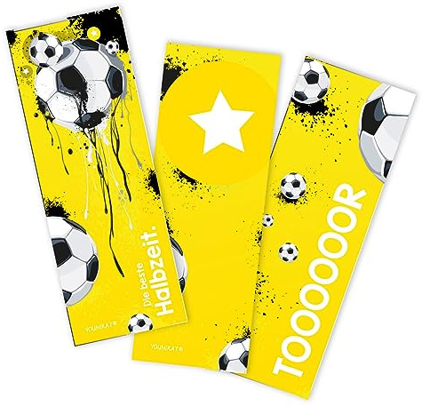 younikat 12er Set Lesezeichen Fußball gelb 5,2 x 14,8 cm - 3 Motive - dv649 | Einschulung Schulanfang Schultüte, 350 g/m² Offsetpapier, 12 coole Lesezeichen in 3 verschiedenen Motiven