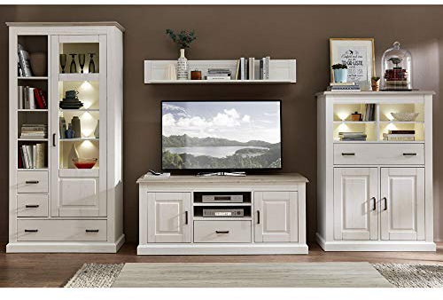 Lomadox Wohnwand im Landhaus Look inkl. LED-Beleuchtung in Pinie weiß mit Abs. Taupe