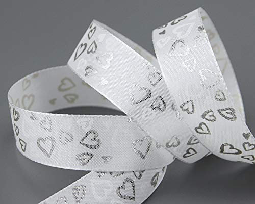 finemark 3 m x 25 mm Dekoband Silver Hearts Weiss Silber Taftband mit Herzen Schleifenband Geschenkband Stoffband Hearts Valentinstag glänzend