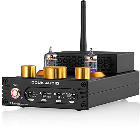 Douk Audio Tube Phono Amp: Bluetooth Receiver | 2-Channel Amplifier for MM Turntables | 160W×2 TDA7498E | Tone Control | for Desktop Vinyl HiFi Home Audio System (X1)