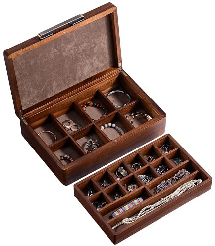 Shanik Schmuckschatulle aus Holz, Schmuckhalter mit herausnehmbarer Trennwand, großer Organizer für Halskette, Ohrringe, Ringe und Armbänder, für Männer und Frauen, ohne Gravur