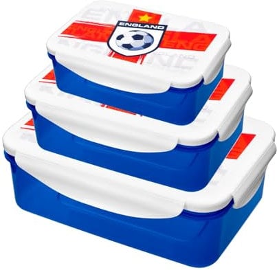HOMESHOPA Plastic Lunch Box, 3Pk 500ML/900ML/1500ML Clip & Lock Airtight Food Storage Containers, England Football Print BPA free Leakproof Reusable Sandwich Boxes, Blue