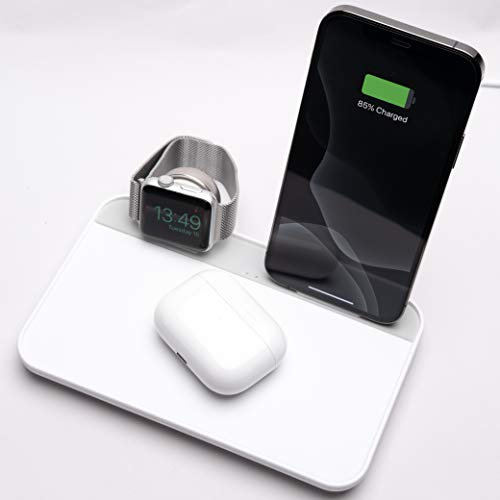 Aircharge Official Qi Certified 3 in 1 Wireless Charging Station. Fast Wireless Charging Stand Compatible with iPhone 12 Series, iPhone 11 Series, X/XS/XS Max/8, Airpods, Apple Watch and more.