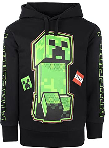 Minecraft - Offizieller schwarzer Hoodie mit grünem Creeper-Design für Jungen, Alter 11-12 Jahre, Minecraft-Fans, 100% Baumwolle, Kapuzenpullover, Schwarz, Grün, Größe 11-12 Jahre