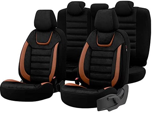 otoM Universelle Suede/Leder/Stoff Sitzbezüge 'Iconic' Schwarz/Terrakotta - 11-Teilig- - kompatibel mit Side-Airbags