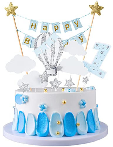 JKJF 1 Geburtstag Tortendeko Junge 1. Geburtstag Kuchen Topper Happy Birthday Banner Girlande Kuchendeko Cake Toppers für Baby Kindergeburtstag – Blau