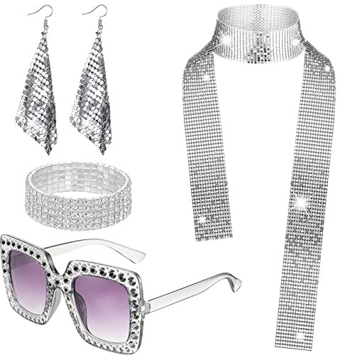 5 Stück 70er Jahre Disco Zubehör Disco Kostüm Set mit Metall Pailletten Schal Ohrringe Strass Dicker Rahmen Sonnenbrille und Armband Verkleidung Kit für Frauen Mädchen Retro 70 Themenparty
