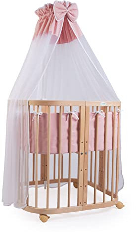 Waldin Babybett aus Holz 7in1 mit Matratze, Mitwachsendes Kinder-Bett, Belüftet, Boden 5-Fach Verstellbar, All-Inclusive-Set, Holz Natur, Stoffe Lachs