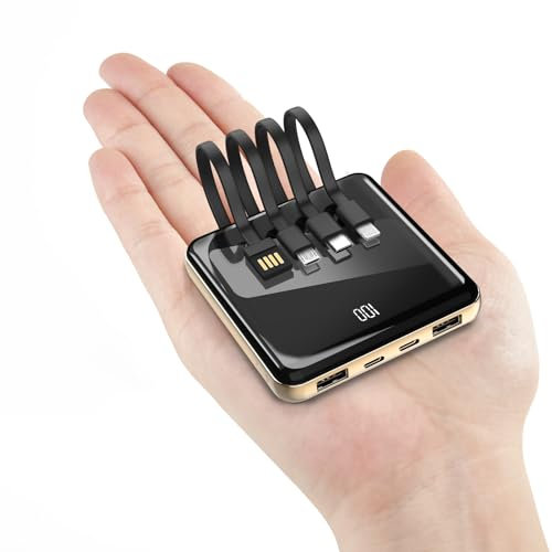 Powerbank mit Kabel, 10000mAh Externer Akku Mini Kompakte mit Tragbares Schnellladegerät LED Display, 5 Ausgänge und 3 Eingangswege, kompatibel mit iPhone 12 13 14 Pro Samsung iPad Huawei etc (Black)