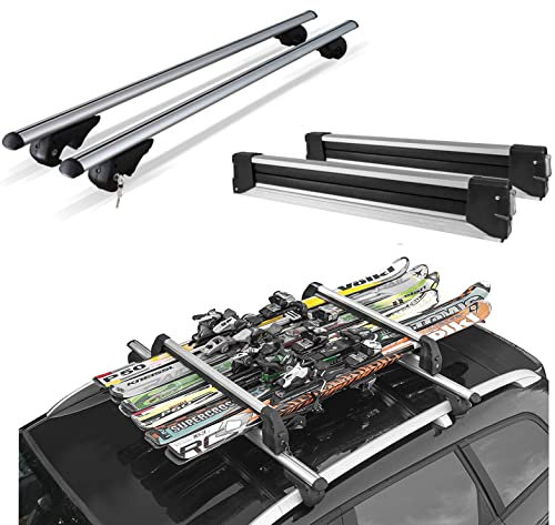 Dachträger aus Aluminium + Skihalter, 6 Paar Ski oder 4 Snowboards für VW Golf VII Variant ab 2013 mit offenem Railing