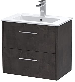 Hudson Reed JNU2624B Juno Modern Bathroom Wall Hung 2 Drawer Vanity Basin Unit & Minimalist Ceramic Basin, 600mm, Matt Metallic Slate