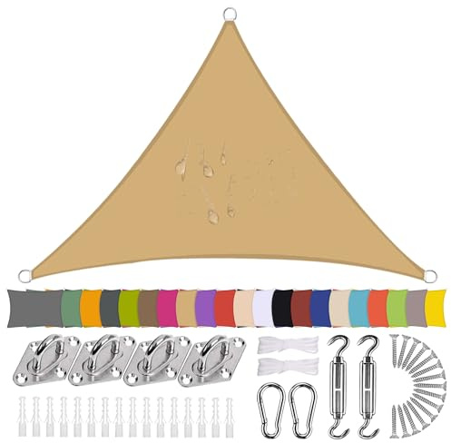 Ziligengsheng Sonnensegel Dreieck 1.6 x 1.6 x 1.6m Wasserdicht Sonnenschutz Balkon Terrasse mit Montagezubehör PES Polyester 98% UV-Schutz Reißfest Wetterfest für Garten Outdoor,Sandgelb