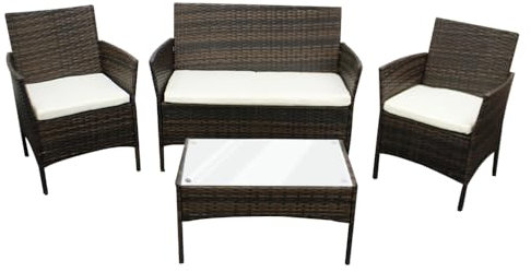 Rattan Garden Furniture Sofa Set with Cover Coffee Table Chairs 4 Seater for Outdoor Patio Balcony 6210-B (Brown +Beige Cushions)