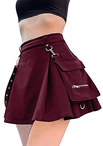 Damen-Cargo-Rock, hohe Taille, Vintage, lässig, A-Linie, Mini-Röcke mit Tasche und Gürtel, Gothic, Punk, Y2K, Streetwear, 6-wein, Mittel