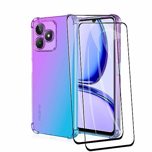 WBWONE Funda para Realme C53 + 2 Cristal Templado, Carcasa Protectora Antigolpes Suave TPU Silicona Caso Anti-Choques Resistente a los Arañazos (Purple Blue)