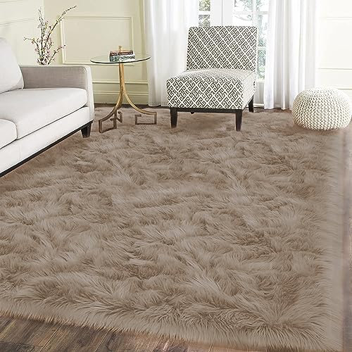 Latepis Teppich Flauschig Kunstfell Hellbraun Beige für Wohnzimmer Schlafzimmer 150x240 cm Teppich Waschbar Hochflor Fellteppich Shaggy Area Rug