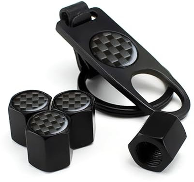 Reifen Ventilkappen (4 Stück) mit Schlüsselring (1 Stück), Schwarz Ventilkappen Auto Metall Schachbrett Logo Autoventil Kappe Fahrrad Motorrad