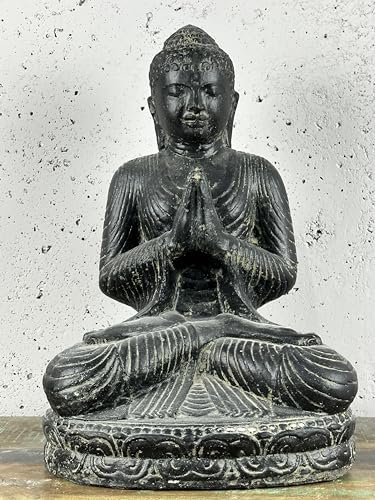 Bali Möbel Buddha Statue Lotus Begrüßung - Höhe 60cm, handgefertigte Stein Skulptur, für Innen & Außen, ideal als Garten Statue & Garten Deko, Frost- & wetterfest, Maße (BxTxH) 40x32x45cm