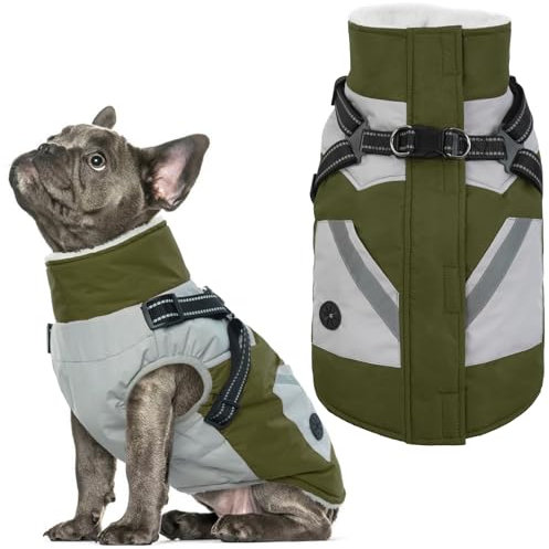 IECOii Hundemantel mit integriertem Geschirr, Grün, Größe L, wasserdichter Wintermantel, Fleece-gefütterte Schneejacke für Hunde